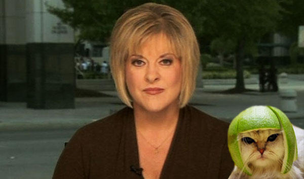 Lime Cat placed next to a cable news anchor