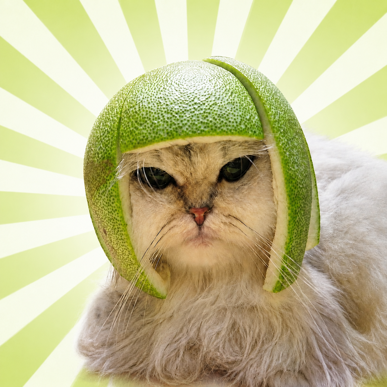 Lime Cat wearing a helmet made from citrus rind